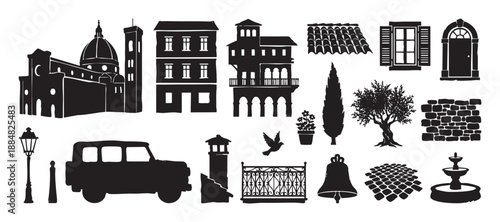 Set of black hand-drawn Italian-style silhouettes featuring a cathedral, traditional houses, a vintage car, cypress and olive trees, a fountain, and other classic European elements