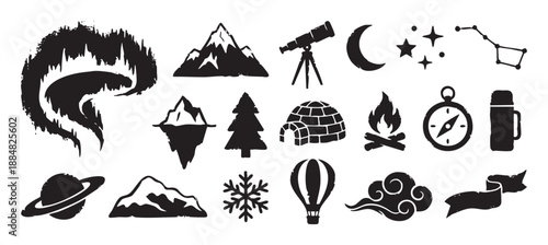 Collection of black grunge style icons featuring travel, adventure, and nature themes like mountains, a compass, telescope, and aurora borealis in a monochrome design