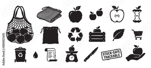 Set of black distressed eco-friendly icons for zero waste living, including reusable bags, apples, recycling symbols, and grocery shopping elements in a graphic stamp style