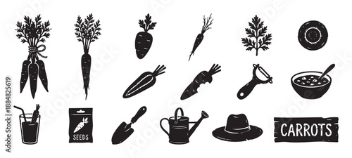 Set of black carrot icons showing the vegetable life cycle from seed to soup, including gardening tools and food items in a rustic, hand-drawn linocut vector style