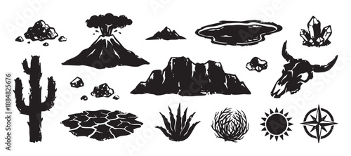 Set of black hand-drawn desert icons featuring an erupting volcano, cactus, bull skull, mountains, and sun, rendered in a rugged grunge style for adventure themes