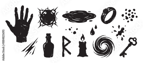 Collection of black magic occult symbols including a hand, candle, key, potion, rune, and ring in a hand-drawn grunge stamp style for mystical or fantasy themes