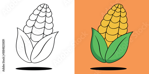 corn of vegetables , children's coloring book. Coloring book with cute cartoon vegetables pictures. Vector illustration with colored background.
