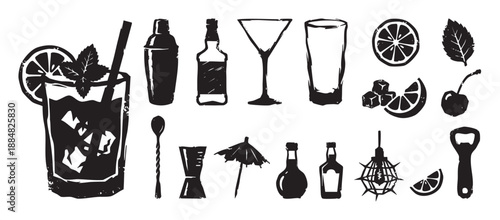 Set of black bar and cocktail silhouettes with a distressed, block-print texture, featuring a drink, shaker, bottle, jigger, and fruit garnishes for beverage-themed illustrations