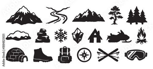 Set of black winter adventure icons featuring mountains, a river, trees, a snowmobile, skis, and an igloo in a hand-drawn brushstroke style for outdoor travel themes