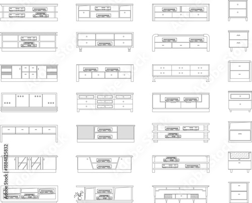 Comprehensive vector line art collection of modern cabinet designs and TV stands in front elevation, featuring various drawer configurations, shelving units, and electronic media storage for architect