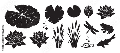 Set of black pond life silhouettes including water lily, frog, dragonfly, koi fish, and cattail reeds with a distressed, stamped texture for graphic design elements