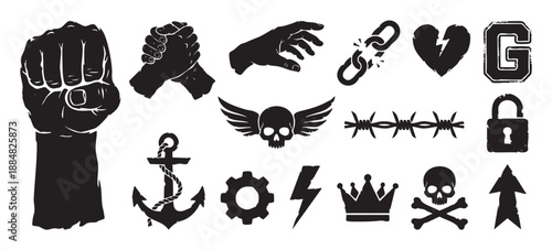 Set of black grunge stamp effect icons featuring a protest fist, winged skull, broken chain, anchor, and other symbols of power, freedom, and rebellion in a graphic style