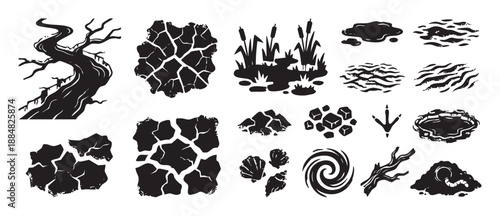 Collection of black nature icons featuring a spooky tree, cracked earth, swamp reeds, water puddles, rocks, shells, and a bird footprint in a graphic stamp print style