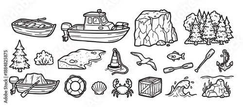 Collection of hand-drawn black and white nautical icons including boats, an anchor, fish, crab, trees, and various sea elements in a simple sketch illustration style