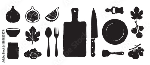 Collection of black fig and kitchenware silhouettes with a rustic, hand-stamped texture, featuring a cutting board, knife, plate, jar, and fruit for a culinary concept