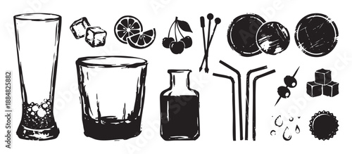 Black and white hand-drawn collection of cocktail making elements including various glasses, ice cubes, fruit garnish, straws, and stirrers in a grunge sketch style