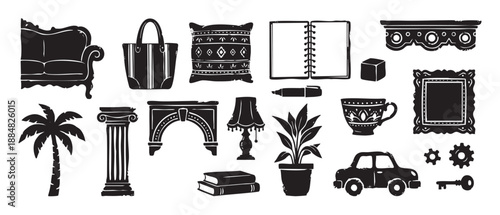 Collection of various hand-drawn objects in a black silhouette linocut style including furniture, a car, a plant, and a notebook for a graphic design or decorative concept