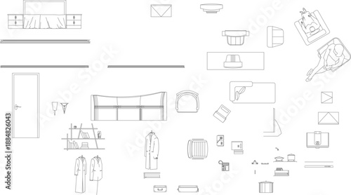 Comprehensive vector line art collection of interior furniture and fixtures from a top-down perspective, including sofas, beds, wardrobes, shelving units, apparel, and decorative elements for architec