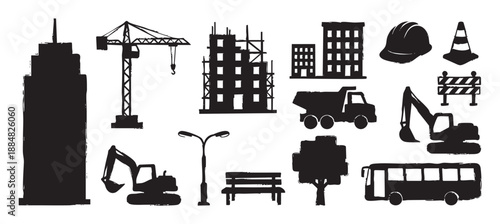 Collection of black construction and city silhouettes including a crane, excavator, truck, and buildings, rendered in a rough, grunge stamp style for urban development themes