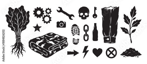 Collection of black linocut style icons featuring various objects and symbols like a skull, wrench, plant, and boot print in a graphic, hand-drawn design