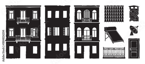 Set of black silhouette architectural elements showing building facades, a door, balcony railings, a chimney, roof tiles, and a solar water heater in a graphic illustration style