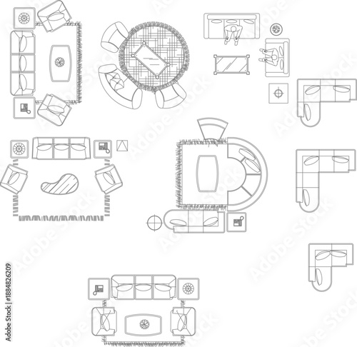 Comprehensive vector line art collection of living room furniture arrangements from a top-down perspective, featuring various sofa configurations, coffee tables, area rugs, and armchairs for architect
