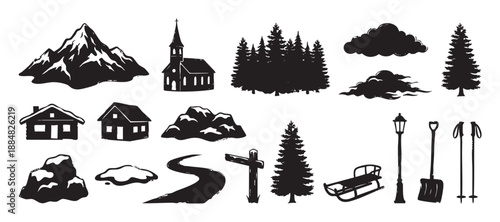 Set of black rustic winter mountain icons featuring a church, cabin, pine trees, sled, and ski poles in a hand-drawn grunge style illustration for adventure and travel themes