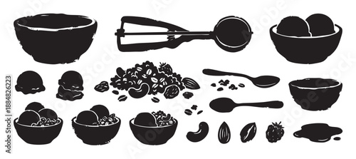 Hand drawn block print food icons set with ice cream scoops, granola, nuts, berries, bowls, and spoons in a rustic graphic silhouette style for breakfast or dessert