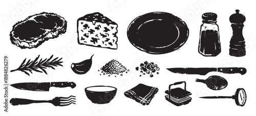 Hand drawn black ink food and cooking illustration set with raw steak, blue cheese, spices, herbs, and kitchen utensils in a rustic, graphic stamp style for culinary design