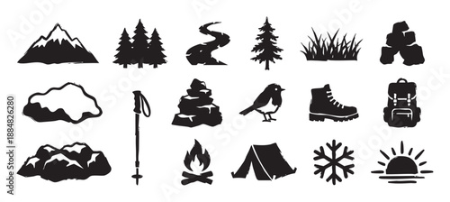 Collection of black hiking and camping icons featuring mountains, trees, a tent, and a backpack in a rustic, hand-drawn stamp style for outdoor adventure themes