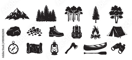 Collection of black camping and hiking silhouette icons featuring a mountain, forest, tent, campfire, and backpack in a rustic, grunge-style vector illustration set