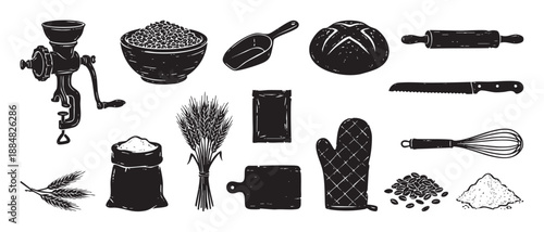 Collection of vintage baking and grain illustrations featuring a manual grinder, wheat sheaf, flour sack, bread loaf, and kitchen tools in a rustic black woodcut style