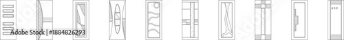 Comprehensive vector line art collection of modern interior door panels and cabinet fronts, featuring unique organic shapes, abstract glass inserts, textured wood slat patterns, and minimalist archite