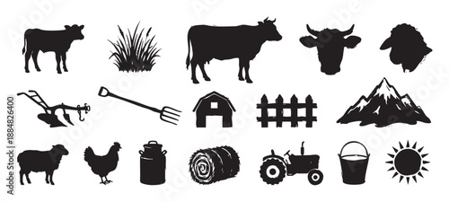 Collection of black farm animal and equipment silhouettes with a rustic, hand-drawn texture, featuring a cow, tractor, barn, sheep, and other rural agricultural elements