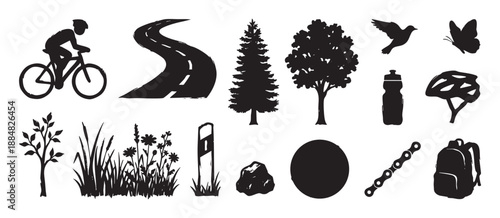 Collection of black grunge style silhouette icons for cycling and outdoor nature themes, featuring a cyclist, road, trees, helmet, backpack, and other adventure elements