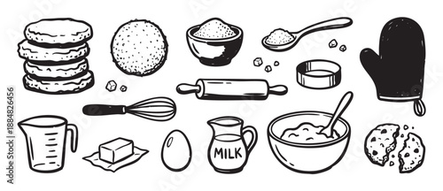 Hand-drawn black and white doodle set of baking items for cookies, showing ingredients like flour, milk, and eggs alongside utensils like a rolling pin, whisk, and oven mitt