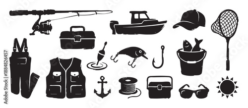 Collection of black fishing equipment icons in a hand-drawn grunge style, featuring a rod, boat, lure, tackle box, waders, and other gear for outdoor recreation and hobbies