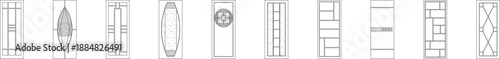 Vector line art collection of decorative interior door panels, featuring a variety of geometric patterns, central glass inserts, and modern architectural motifs for cabinetry and doorway design.