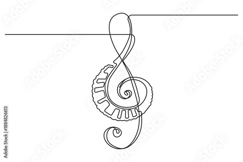 Modern single line illustration clean outline style treble clef combined with piano keys