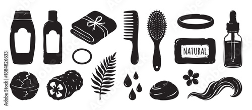 Set of hand-drawn hair care icons including shampoo, a comb, brush, soap, and natural cosmetic elements in a black and white linocut style illustration for beauty concepts