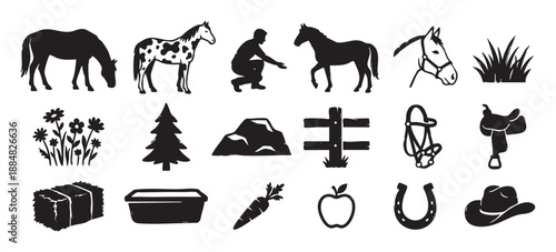 Collection of black horse and farm icons including a saddle, horseshoe, hay bale, and cowboy hat in a simple graphic silhouette style for equestrian and ranch themes