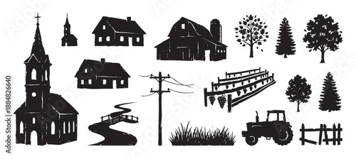 Collection of black rural countryside silhouettes in a distressed woodcut style, featuring a farm barn, church, tractor, houses, trees, vineyard, and other rustic elements