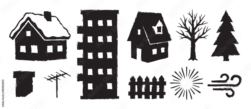Obraz premium Set of black hand-drawn winter icons featuring houses with snow, trees, a fence, and weather symbols in a rustic, grunge, block print style