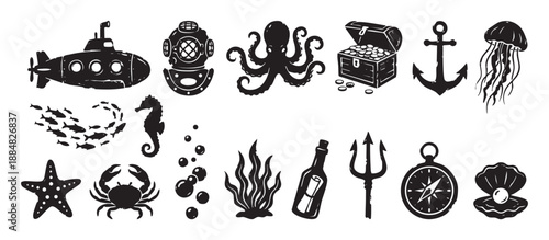 Collection of black nautical sea icons featuring a submarine, octopus, anchor, treasure chest, and diving helmet in a vintage silhouette vector illustration style
