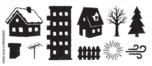 Set of black hand-drawn winter icons featuring houses with snow, trees, a fence, and weather symbols in a rustic, grunge, block print style