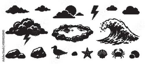 Collection of black pixel art nature icons featuring weather and sea life elements in a retro 8-bit video game style with a rough, textured silhouette effect for graphic design