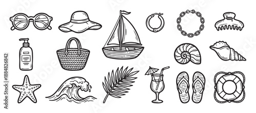 Collection of hand-drawn summer vacation icons featuring a sailboat, seashell, cocktail, and other beach accessories in a black and white doodle style illustration set
