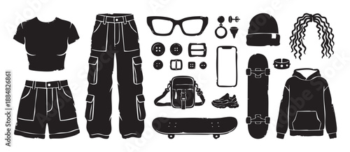 Collection of black silhouette streetwear fashion items including a hoodie, cargo pants, skateboard, sneakers, and various accessories for a modern youth culture look