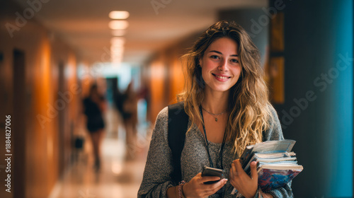 Young female student with a backpack holding books and a smartphone standing in a bright hallway, smiling confidently in a modern educational environment