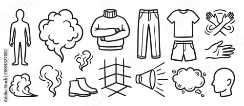 Set of hand-drawn black line art icons featuring clothing, people, speech bubbles, and communication symbols in a simple doodle style for various design concepts