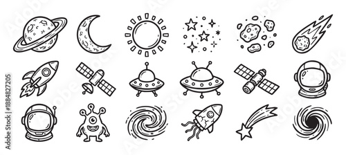 Collection of black and white space doodles including a rocket, planet, astronaut, alien, ufo, and satellite, hand-drawn in a simple, playful cartoon line art illustration style
