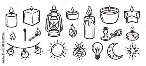 Set of hand-drawn light source icons in a doodle style with pixel art flames, featuring a candle, lantern, sun, moon, lightbulb, and other elements of illumination