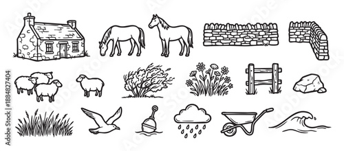 Set of hand-drawn countryside icons featuring a rustic stone cottage, farm animals like horses and sheep, a stone wall, and coastal elements in a simple black and white doodle style