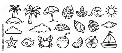 Set of hand-drawn summer beach icons including a palm tree, sun, wave, crab, and sailboat in a simple black and white doodle style illustration for vacation and travel themes